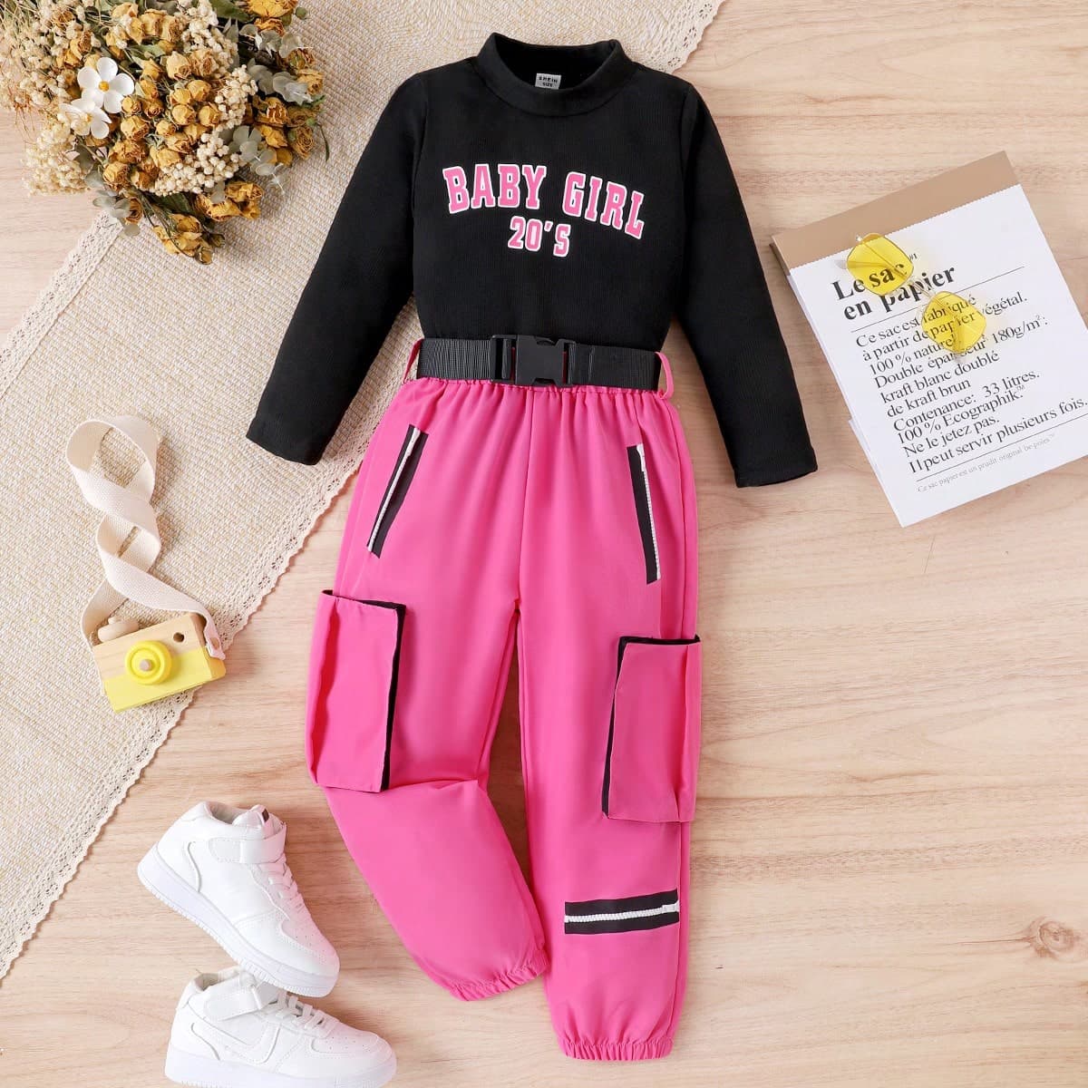 Tenue deux piÃ¨ces imprimÃ©e amusante pour jeunes filles, manches longues, col rond, tenue de rue dÃ©contractÃ©e avec ceinture, adaptÃ©e au printemps