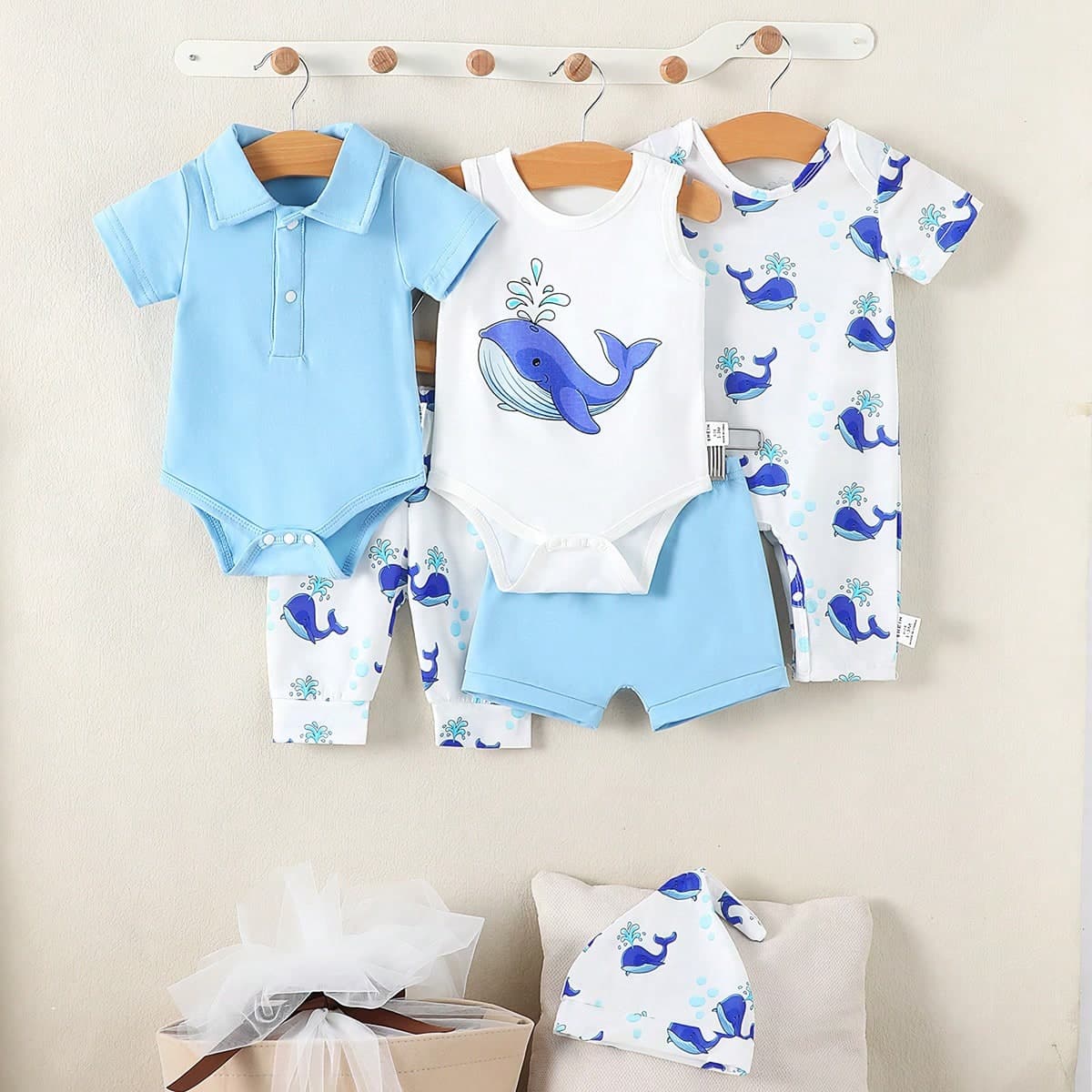 6 PiÃ¨ces Ensemble Cadeau Ã€ Manches Courtes ImprimÃ© Mignon De Dessin AnimÃ© De Baleine Pour BÃ©bÃ© GarÃ§on Pour Le Printemps