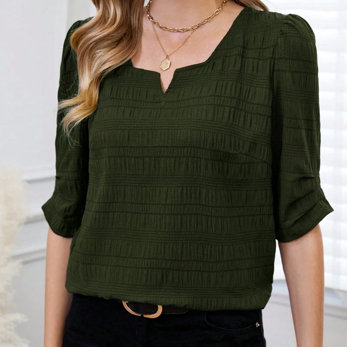 Blouse De Printemps Vert Olive À Col Encoché Pour Dames