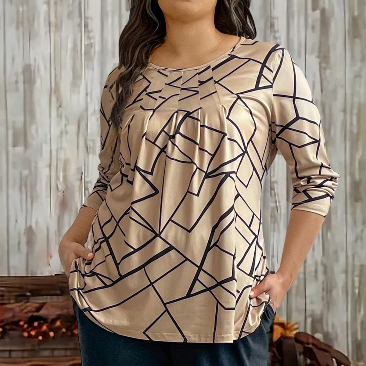 Ensemble deux piÃ¨ces de loisir pour femmes de grande taille, imprimÃ© gÃ©omÃ©trique, col rond, manches longues et pantalon pour le printemps et
