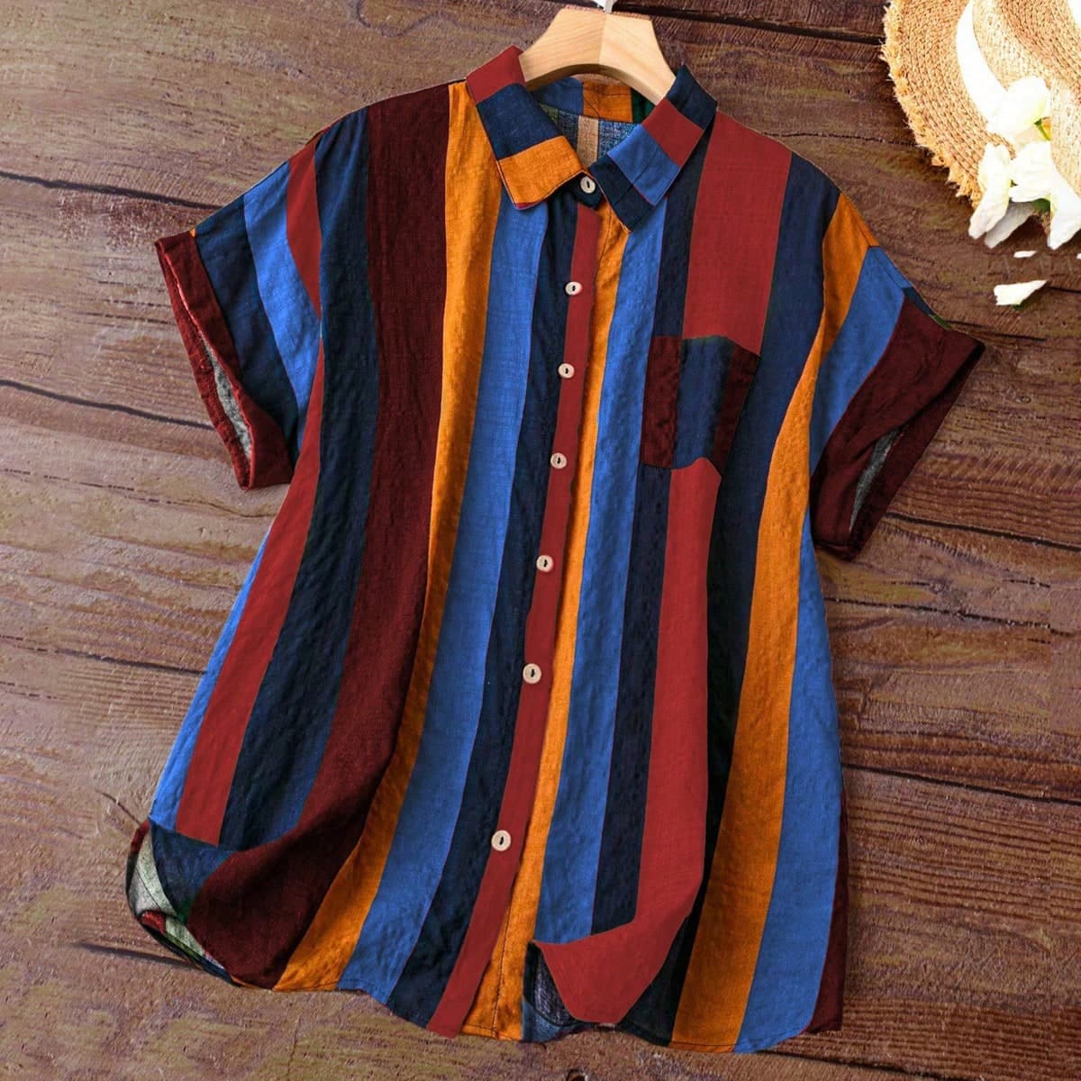 Chemise grande taille Ã manches courtes rayÃ©e et imprimÃ©e dÃ©contractÃ©e pour les vacances de printemps/Ã©tÃ©