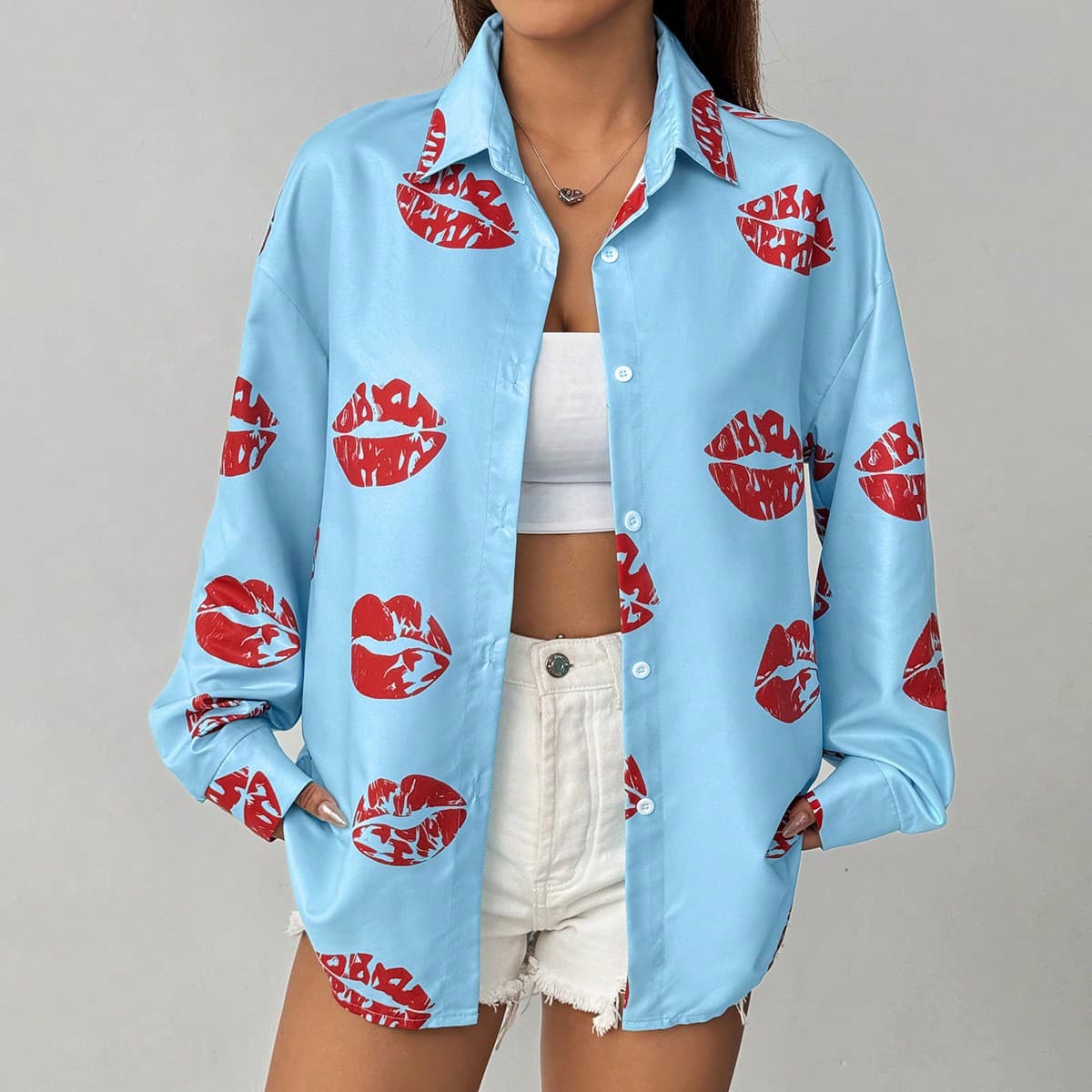 Chemise décontractée pour femme à manches longues en épaules basses imprimées de lèvres, printemps/été