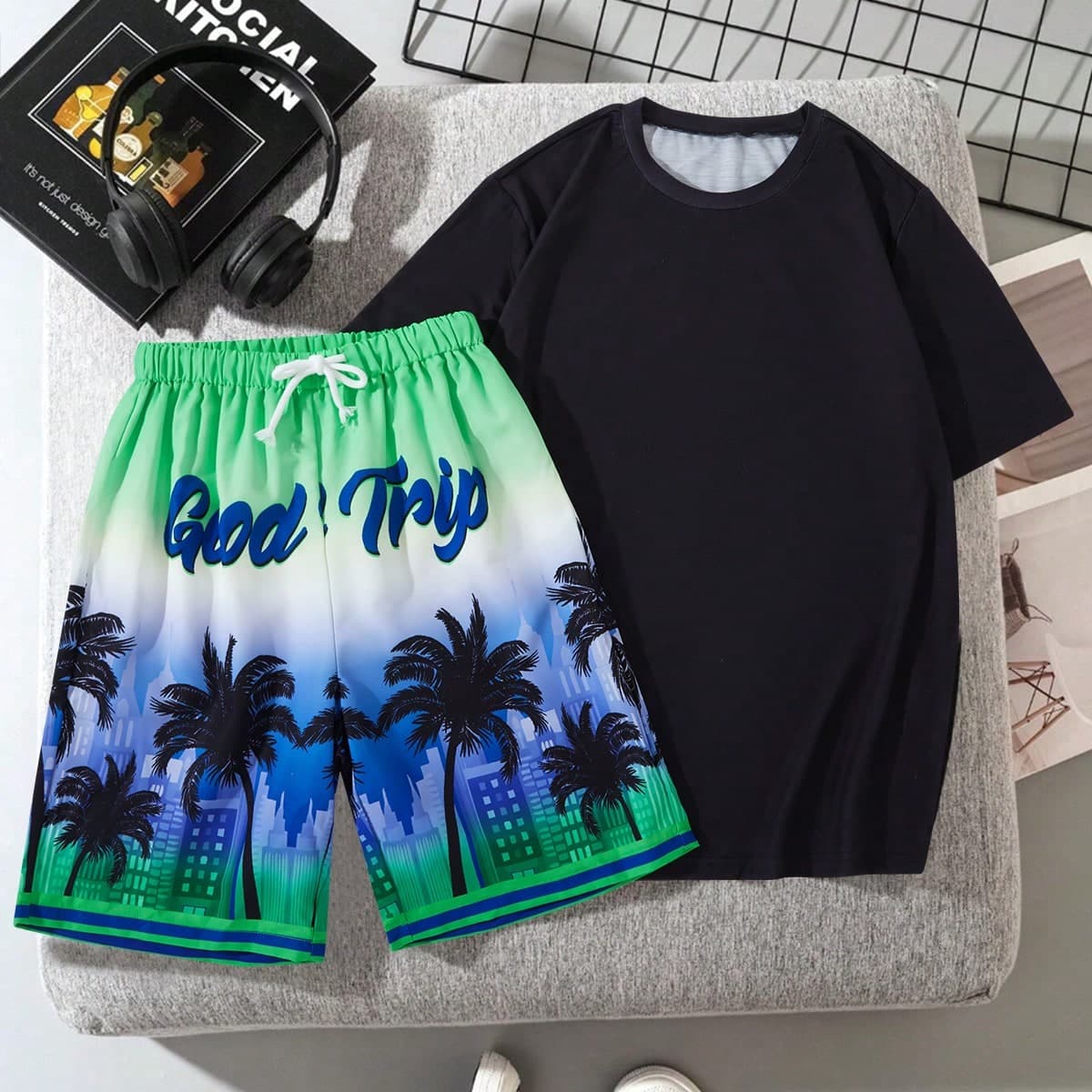 Ensemble deux piÃ¨ces de t-shirt dÃ©contractÃ© Ã manches courtes et de shorts imprimÃ©s cocotier et requin pour adolescent, pour le printemps et