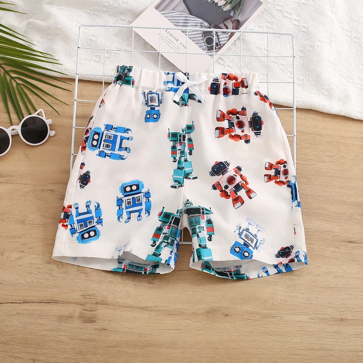 Shorts tissés imprimés pour garçons en bas âge avec motif de robot, confortables et décontractés pour le printemps/été