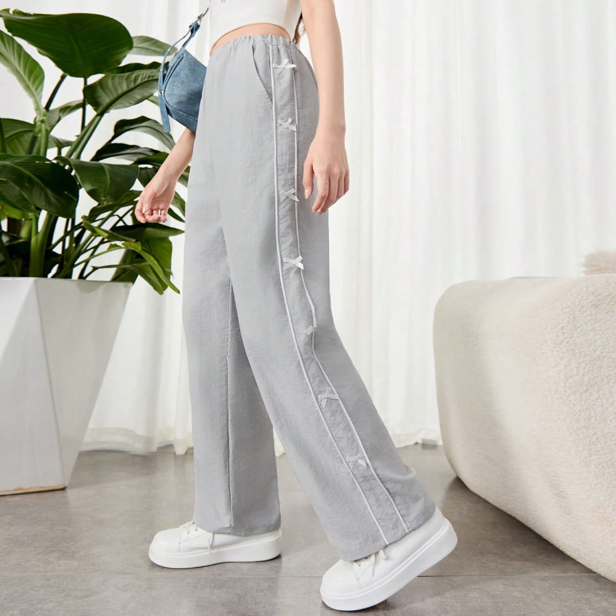 Pantalon long casual pour ado fille tressÃ© en couleur unie avec ruban latÃ©ral en corde de germination