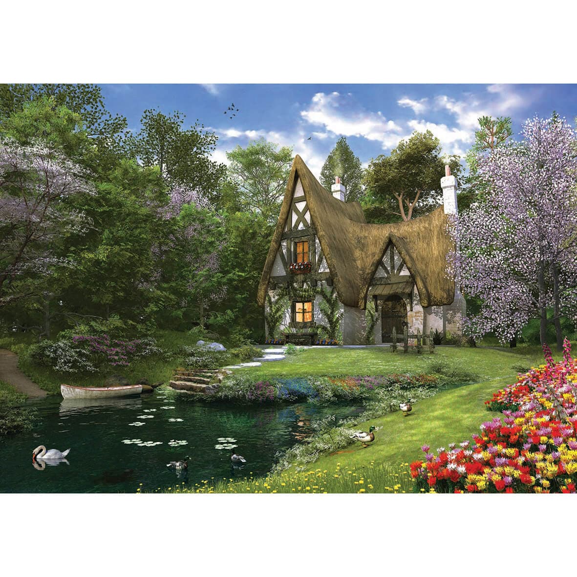 Puzzle 3000 pièces : Cottage au bord du lac au printemps