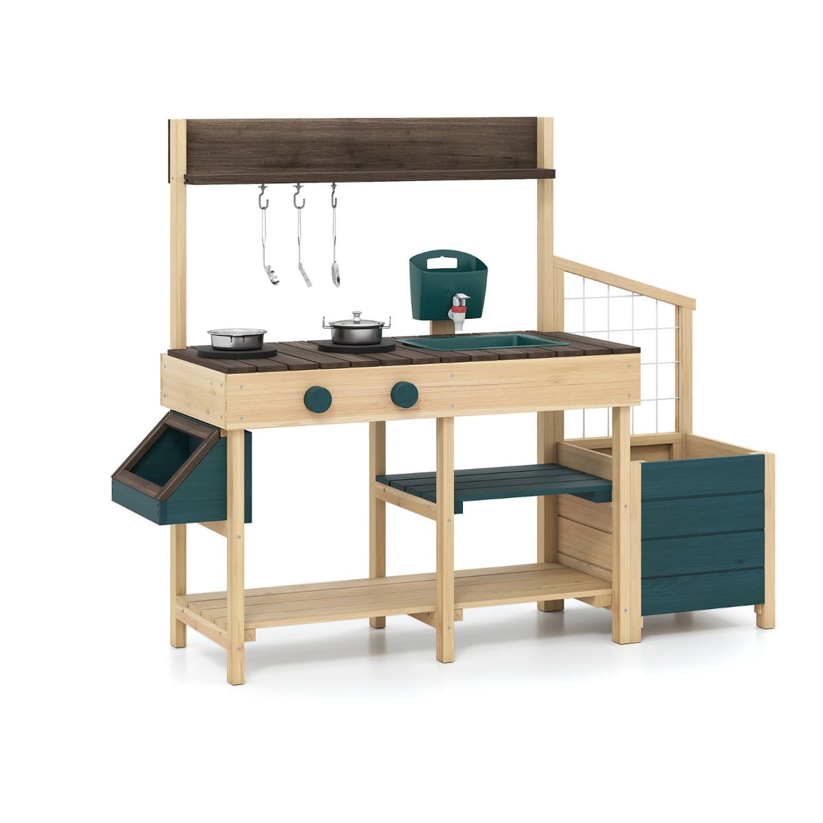 CostwayCuisine d'Extérieur en Bois pour Enfants avec Bac à Plantes Évier Amovible Robinet Plaques de Cuisson Bac à Eau & Étagères pour 3-8 Ans Vert