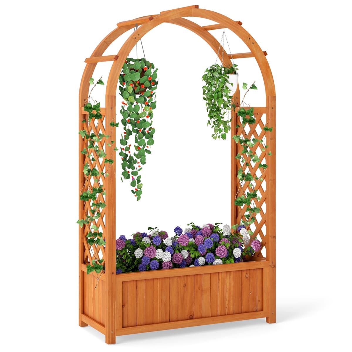 CostwayBac de Jardin Surélevé avec Treillis Toit Enveloppé Doublure Drainage Jardinière en Bois pour Plantes Grimpantes Fleurs Herbes Légumes