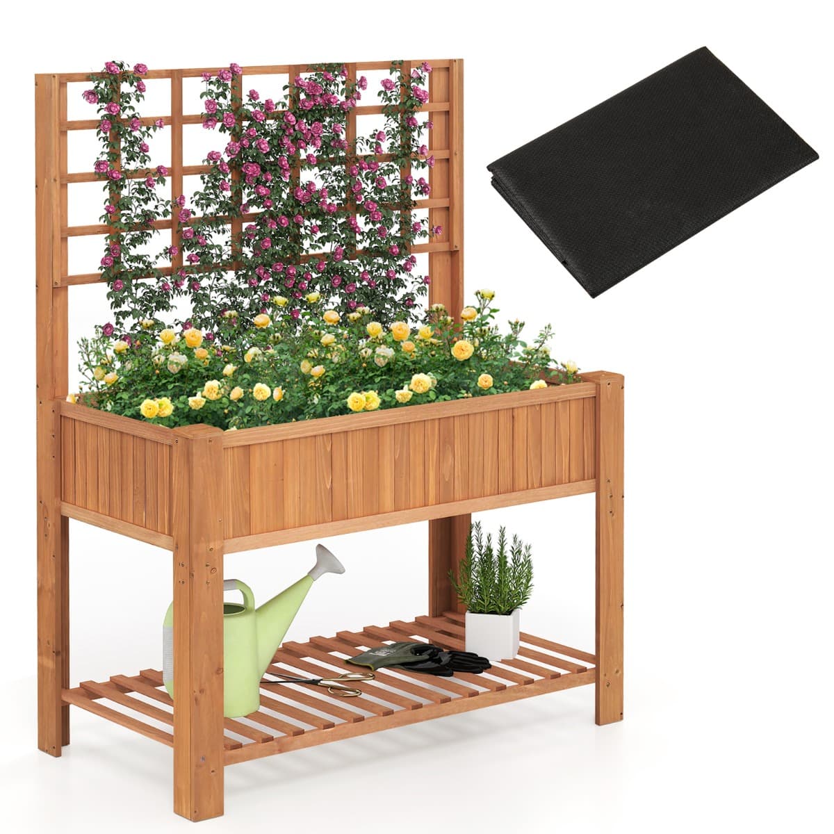 CostwayJardinière Surélevée avec Treillis Bac à Plantes en Bois avec Pieds Doublure Étagère de Rangement et Trous de Drainage pour Plantes Marron