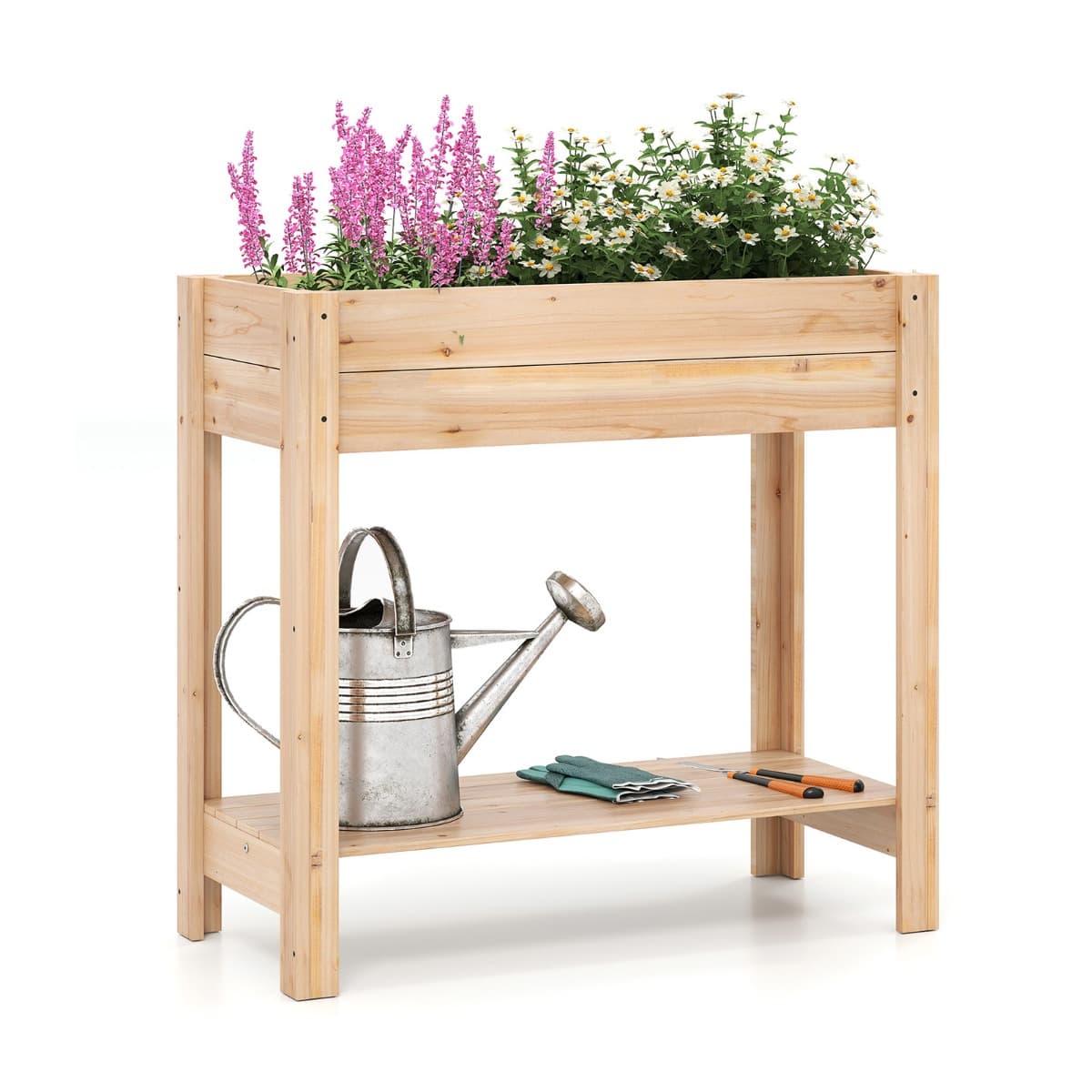 CostwayJardinière Surélevée en Bois avec Pieds Lit de Jardin avec Étagère de Rangement et Trous de Drainage Conteneur pour Fleurs 81x38x76cm
