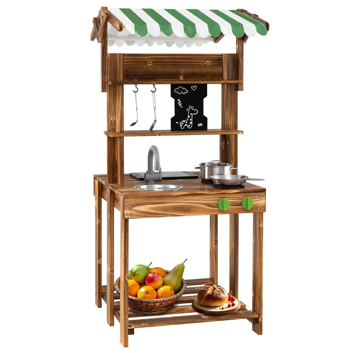 CostwayCuisine à Boue Double Face Jeu de Barbecue en Bois avec Auvent Tableau Noir Évier et Robinet Cuisine de Jeu Imaginaire pour 3+ Ans Marron
