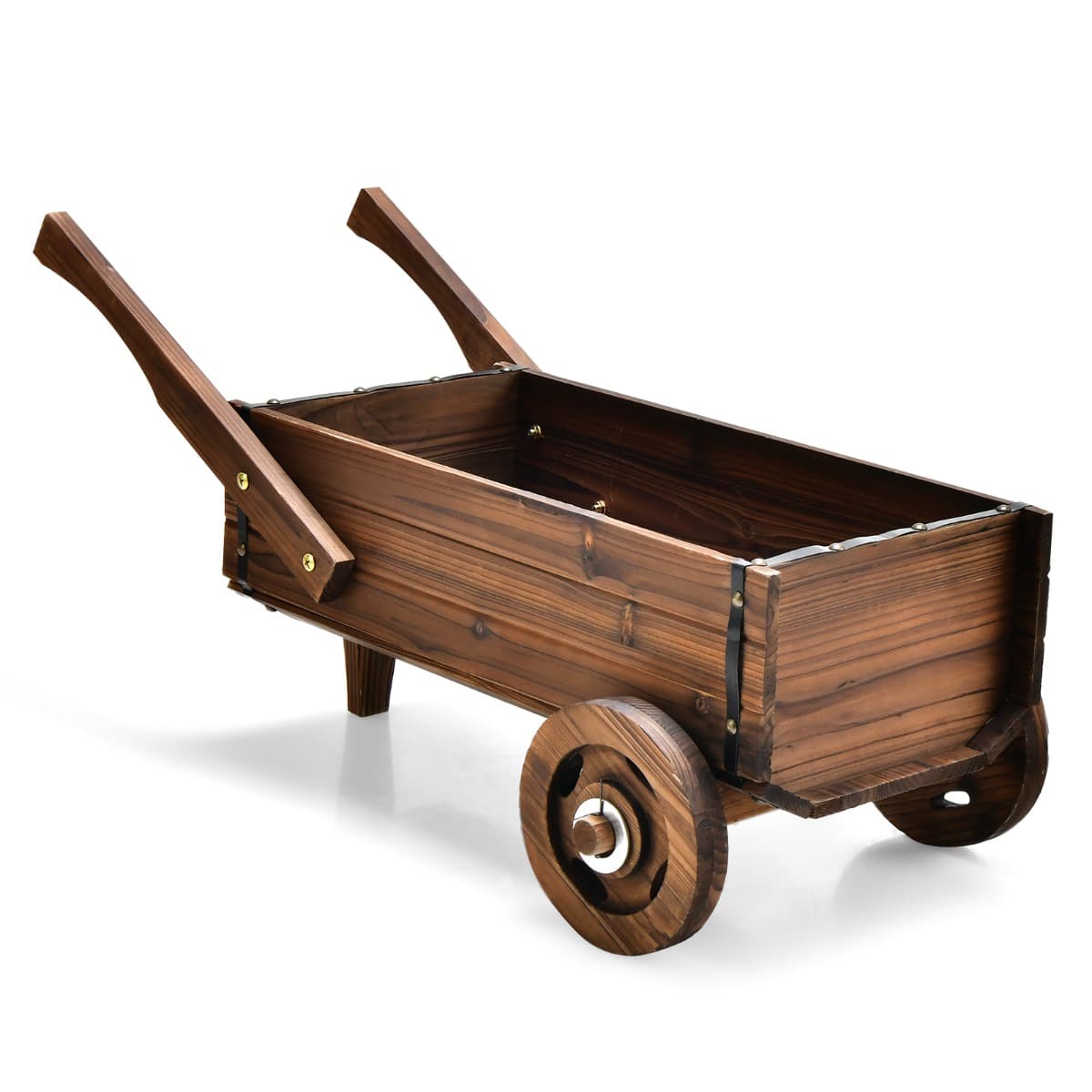 CostwayBrouette en Bois Décorative avec 2 Roues Poignées Trou de Drainage Support de Pot de Fleurs Style Rustique Jardin Balcon