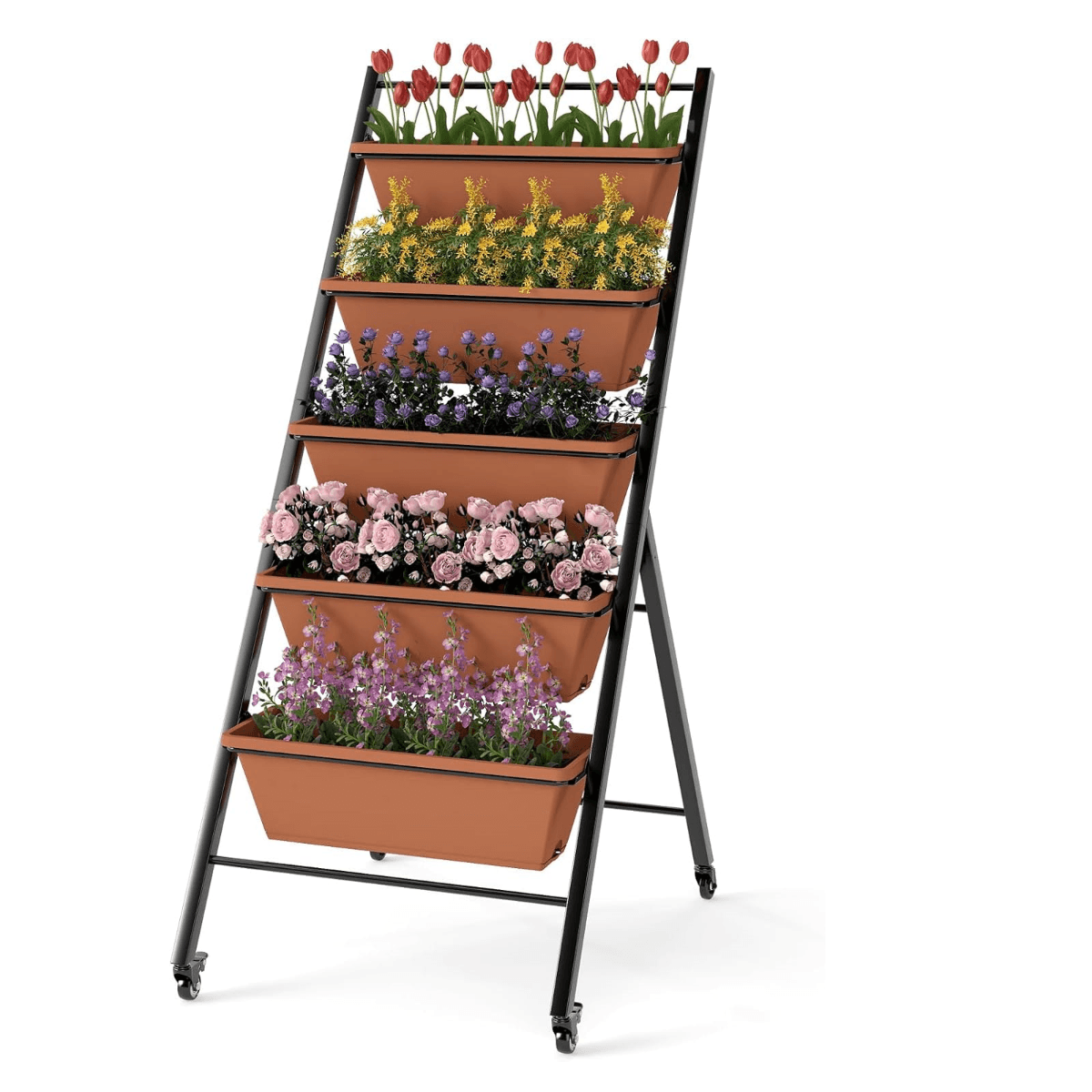 CostwayJardinière Vertical Mobile à 5 Niveaux avec 5 Bacs de Plantation Drainage d'eau Roues Support de Jardinage Métallique Surélevé Brun