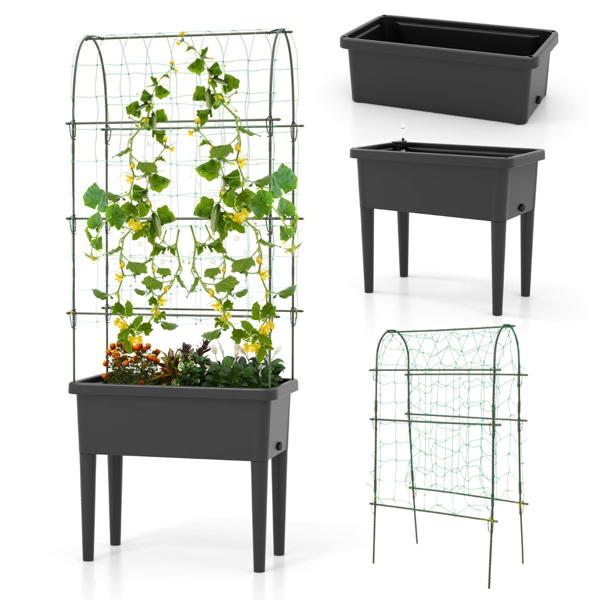 CostwayJardinière Surélevée à Arrosage Automatique avec Treillis Lit de Jardin avec Indicateur de Niveau d'Eau Trou De Drainage pour Fleurs Légumes