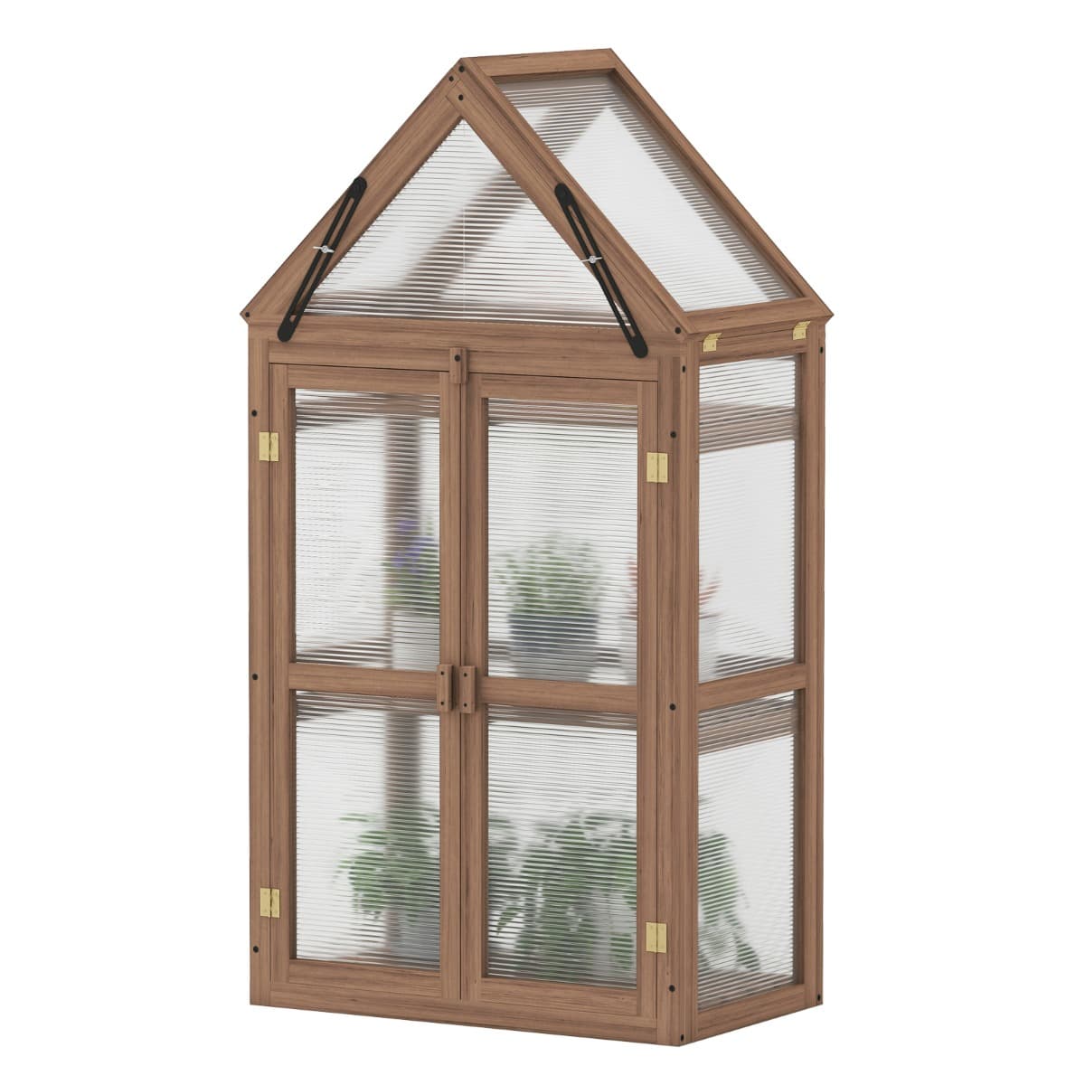 CostwaySerre de Jardin en Polycarbonate Cadre en Bois de Sapin 3 Étagères Réglables 71 x 41 x 133 cm 2 Porte Toit Ouvrant Brun