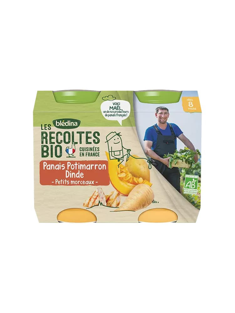 Blédina Les Récoltes Bio Panais Potimarron Dinde dès 8 Mois 2 x 200 g