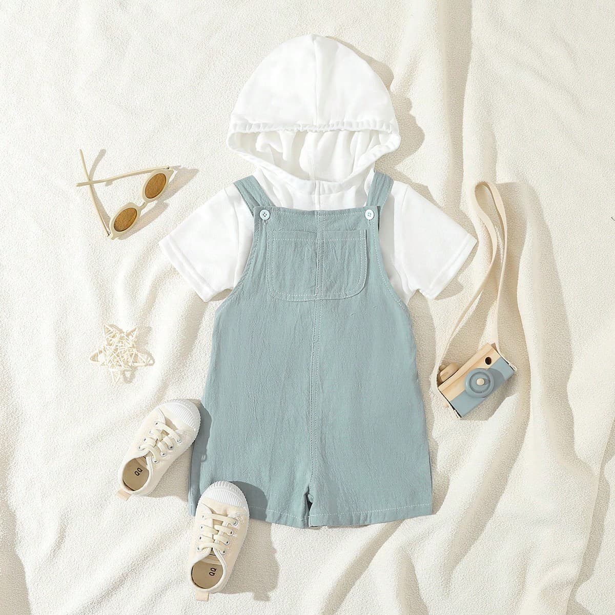 Ensemble De Salopette Et De Haut À Capuche Pour Bébé Garçon À Manches Courtes Pour Un Style Décontracté De Printemps/été