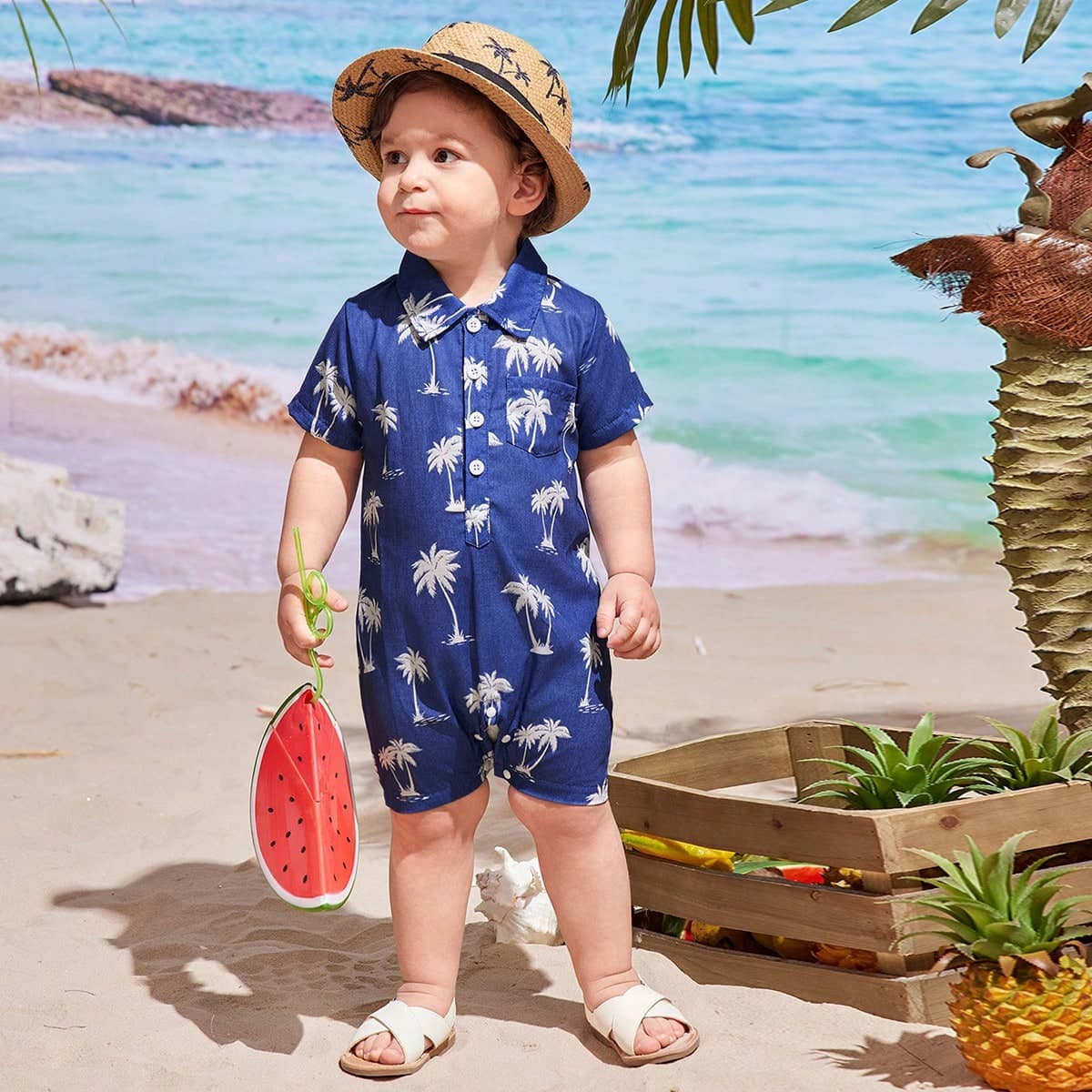 Grenouillère décontractée pour bébé garçon avec col imprimé arbre de noix de coco, convient pour le printemps et l été