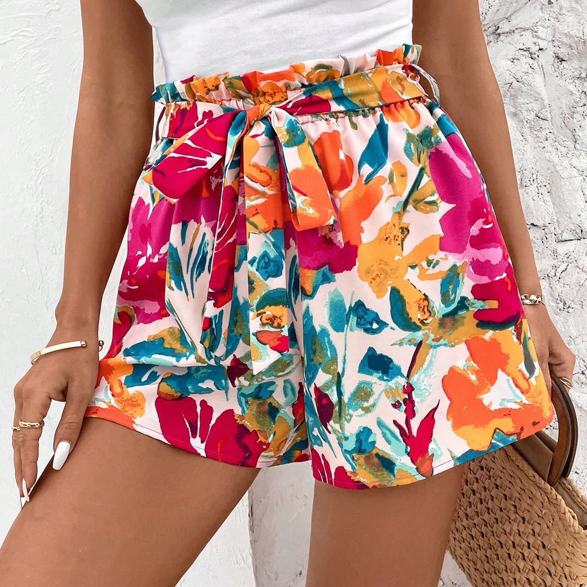Shorts À Taille Sac En Papier Imprimé Fleuri Pour Femme, Printemps Été, Pour Les Vacances