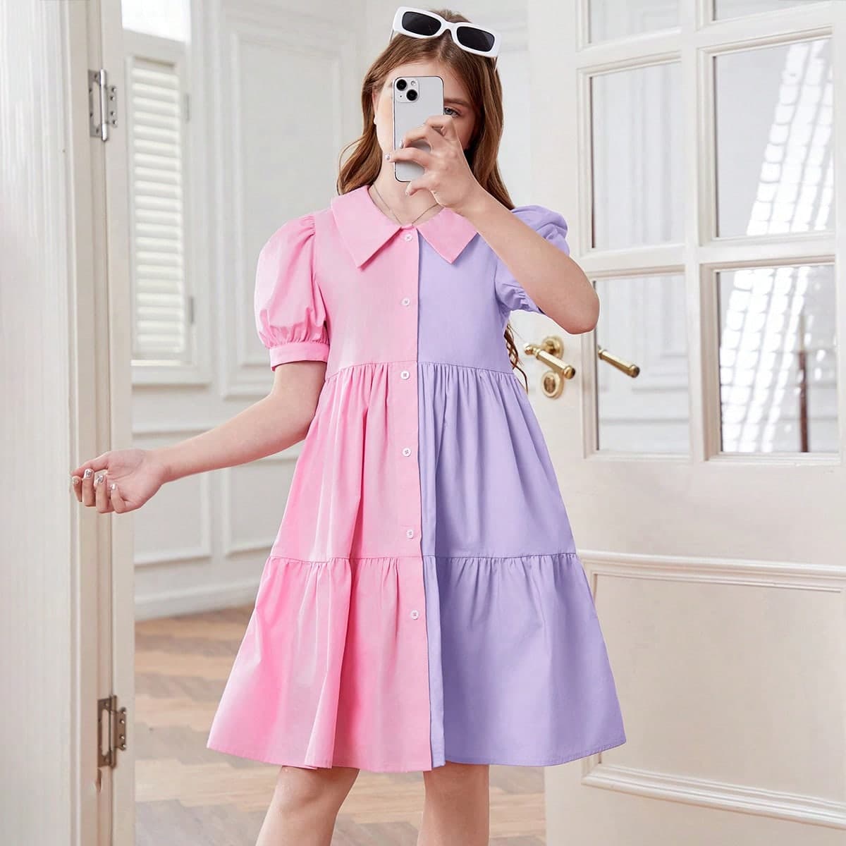 Robe décontractée de printemps / été pour fille tissé avec manches à bulles et blocs de couleurs