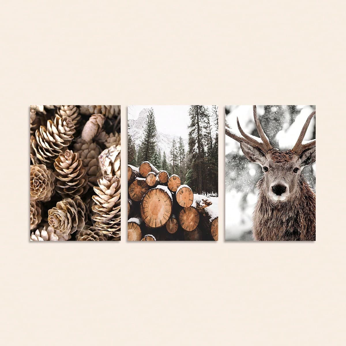 3 Pièces Peintures Décoratives De Paysages Hivernaux Modernes En Plein Air De Paysages Enneigés Elk Woodland Pine-cone Dried Fruit Pour Le Salon,