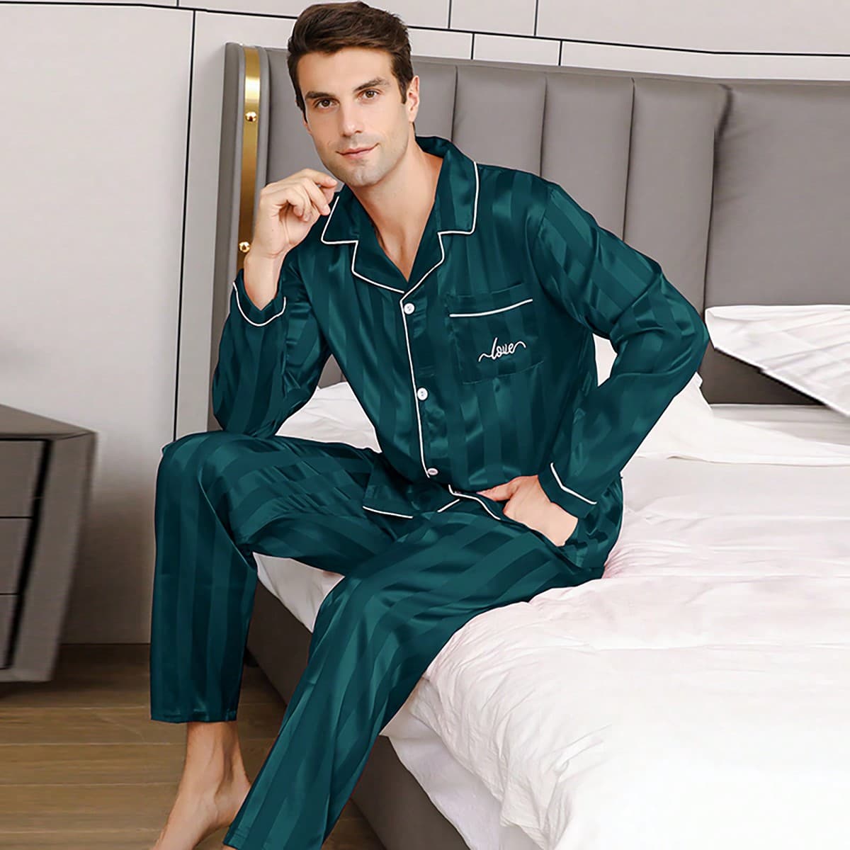 Ensemble De 2 Pièces Vêtements De Nuit Rayés En Soie Glacée Pour Hommes, Ensemble De Pyjama Fin De Printemps Et D'automne Avec Broderie De Lettres