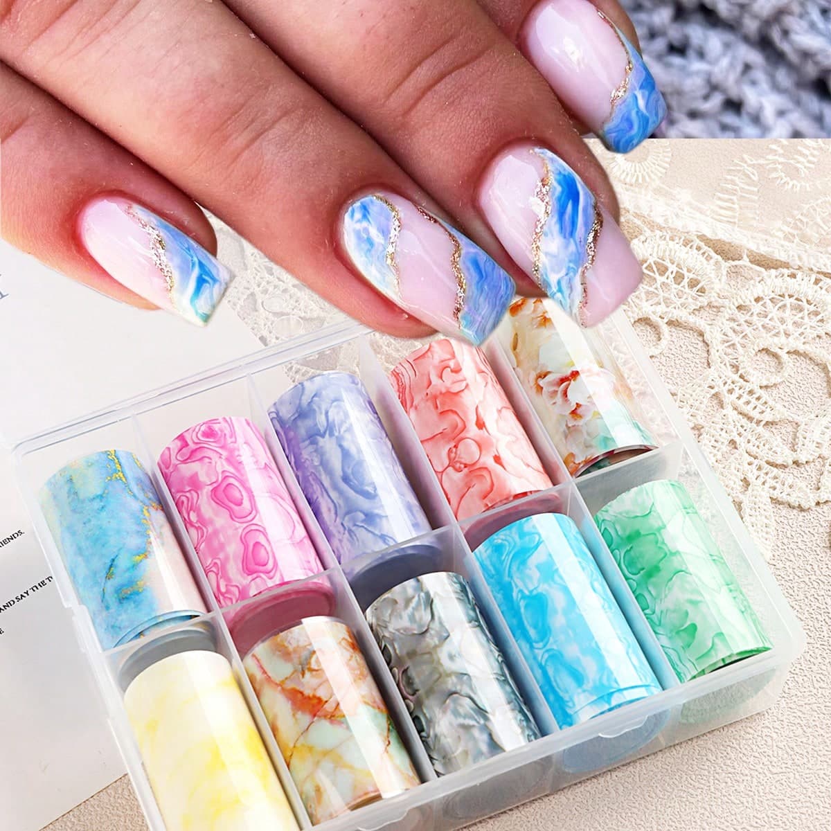 10 rouleaux Feuilles à ongles à motifs de marbre, feuille de transfert d'art d'ongle, conceptions d'ongles de printemps et d'été pour les femmes et