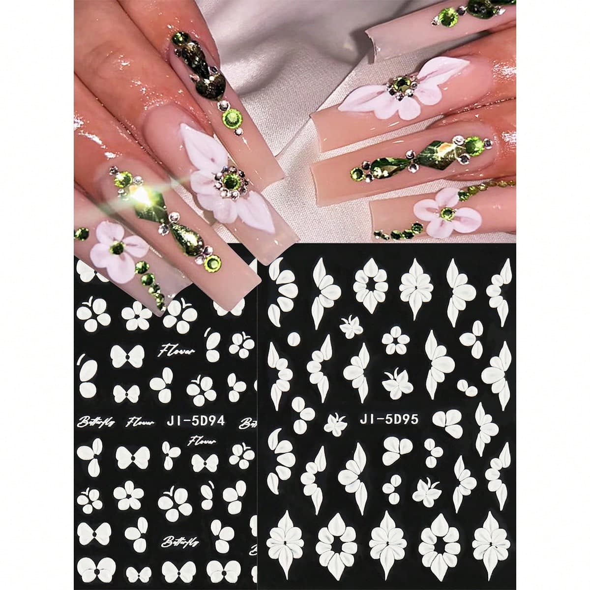 Lot de 2 Autocollants pour ongles en relief printemps-été demi-pétales papillon fleur conception florale blanche autocollants coulissants
