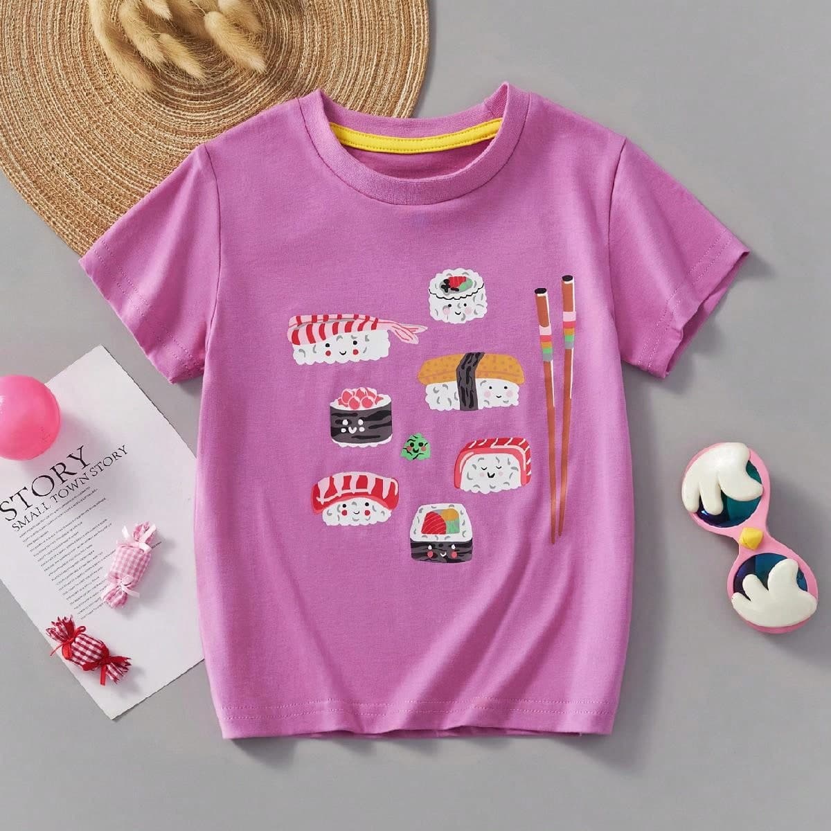 T-shirt décontracté à manches courtes pour jeune fille, imprimé de dessin animé sushi, respirant et à la mode, printemps/été