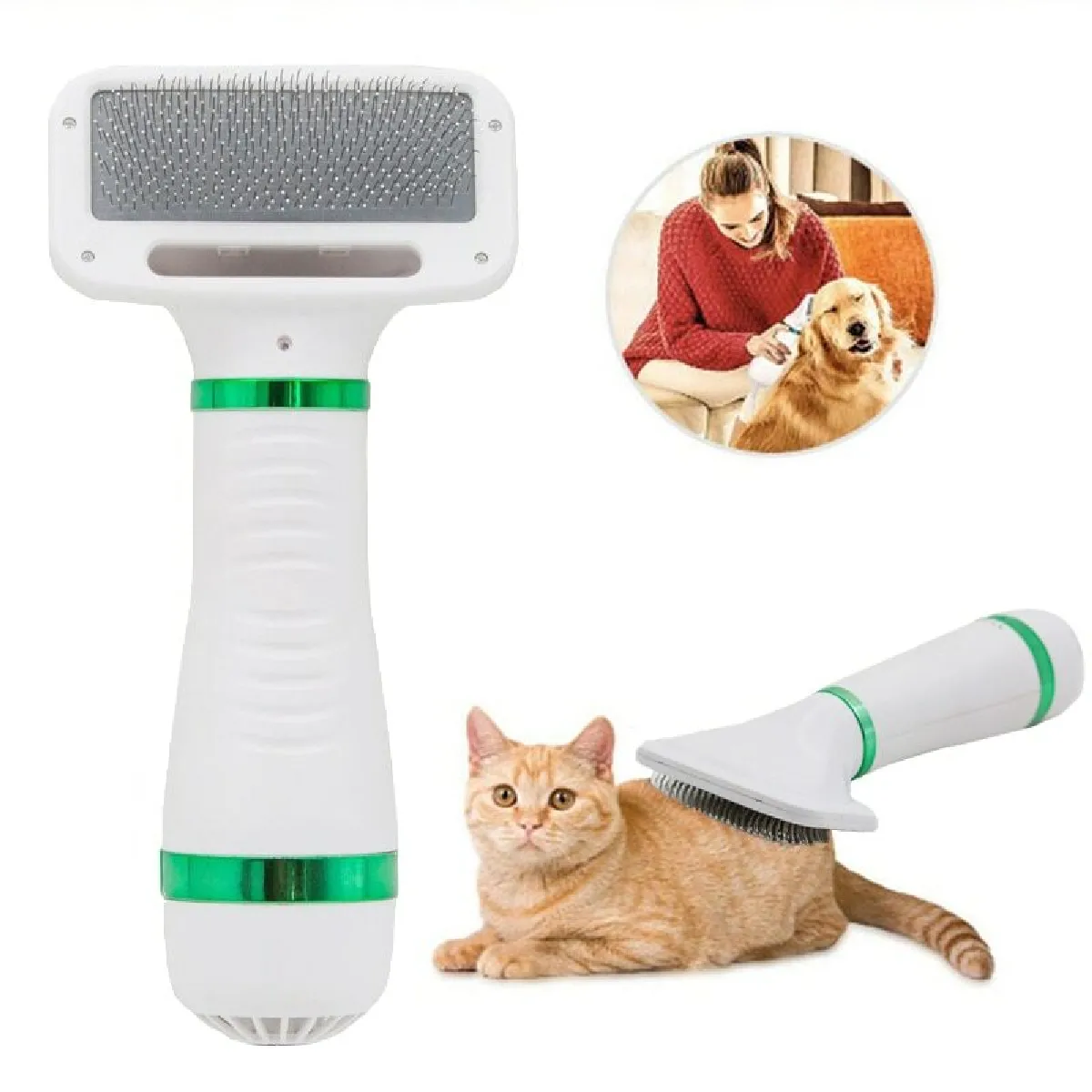 Brosse sèche-cheveux 2 en 1 pour animaux - Vert