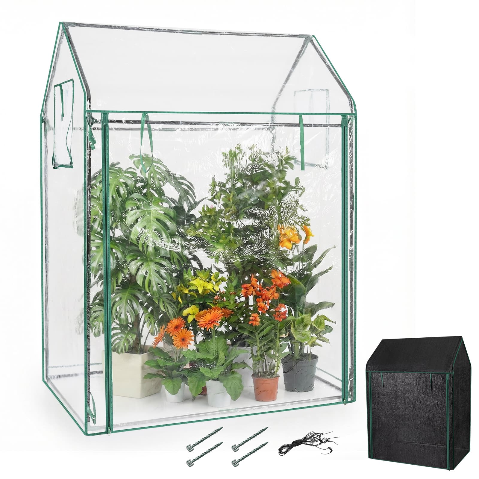 CostwayMini serre à Tomates 129 x 80 x 173 cm Housse Transparente en PVC Filet d'Ombrage Noir Porte et Fenêtres Piquets Transparent