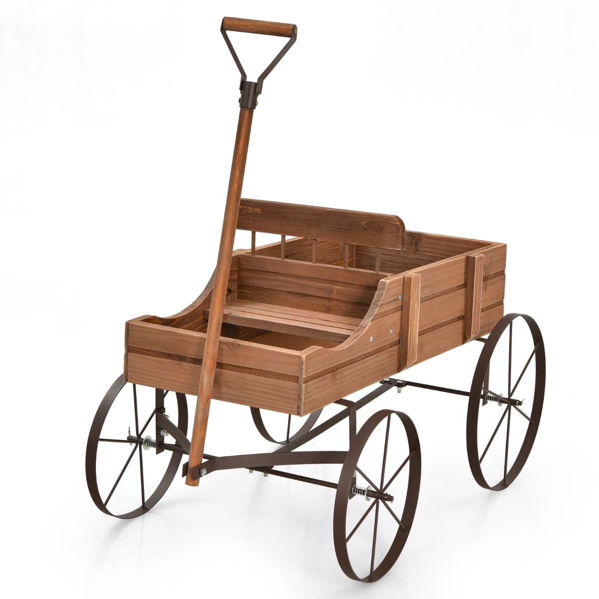 CostwayBrouette Décorative en Bois avec 2 Compartiments à Planter Roues Métalliques Poignée Charge 15kg pour Cour Café