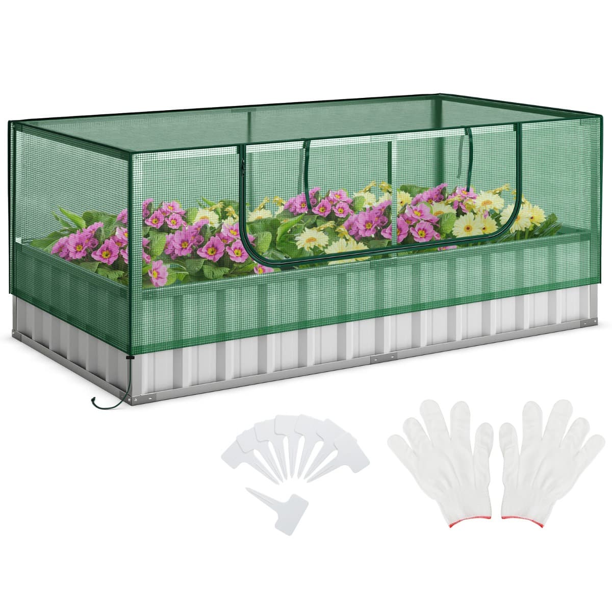 CostwayLit de Jardin Surélevé Galvanisé avec Housse de Serre Kit de Jardinière Surélevée avec Porte Enroulable 8 Étiquettes en T et Une Paire de Gants