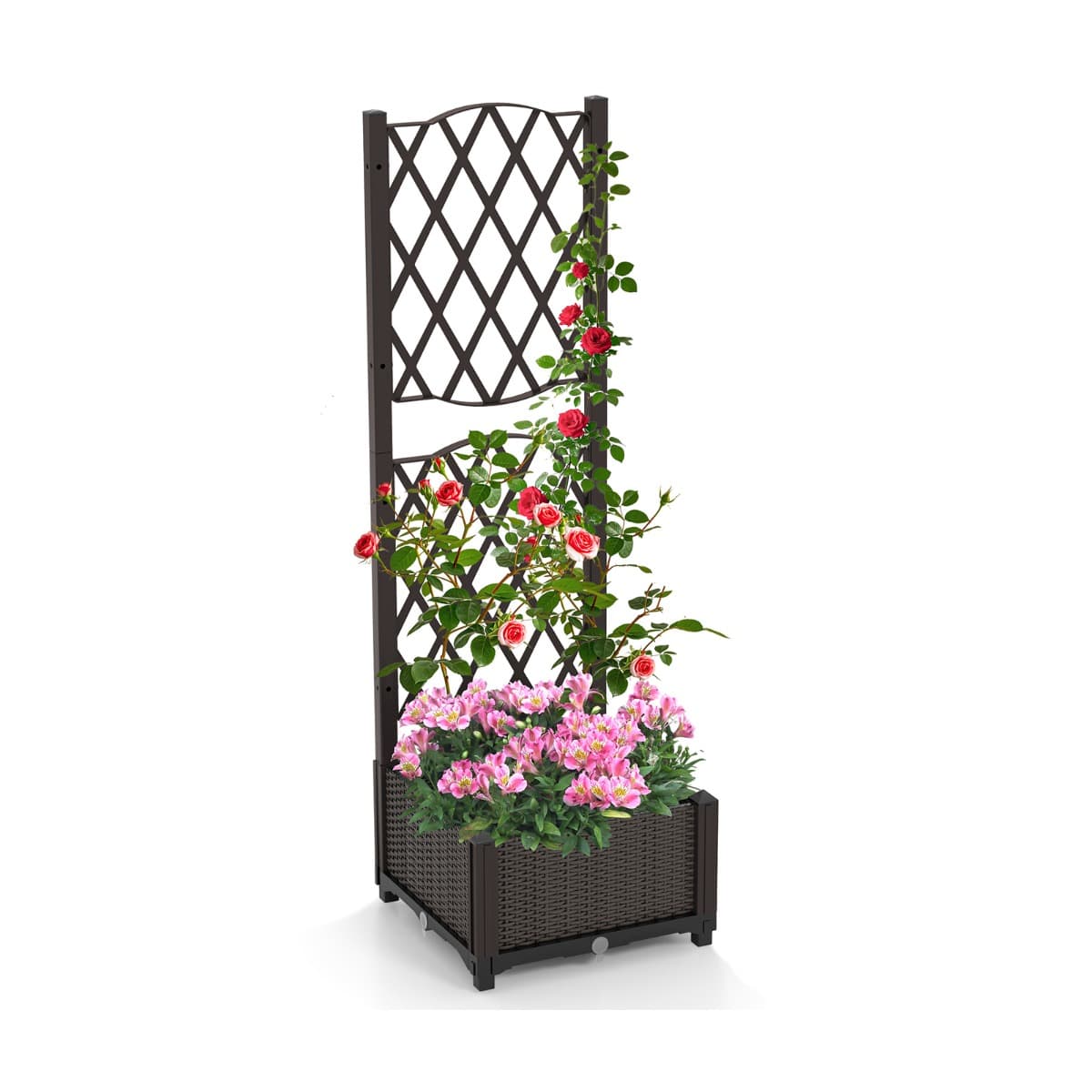CostwayGrillage Jardinière avec Treillis sur Pied Bac à Fleur Auto-arrosage en Rotin PP avec Maille Diamant Trou de Drainage 40 x 40 x 122 cm Brun